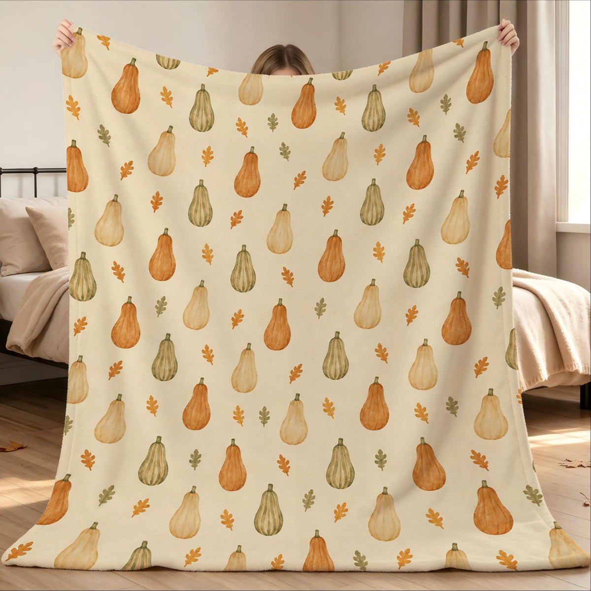 Autumn Pumpkin Throw Blanket, Watercolor Fall Leaves Pattern, Cozy Harvest Season Fleece Blanket, Thanksgiving Home Decor Gift