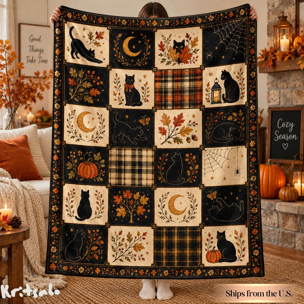 Black Cat Halloween Flannel Blanket, Vintage Fall Patchwork Throw, Pumpkin Moon Plaid Blanket, Spooky Autumn Decor, Cat Lover Halloween Gift