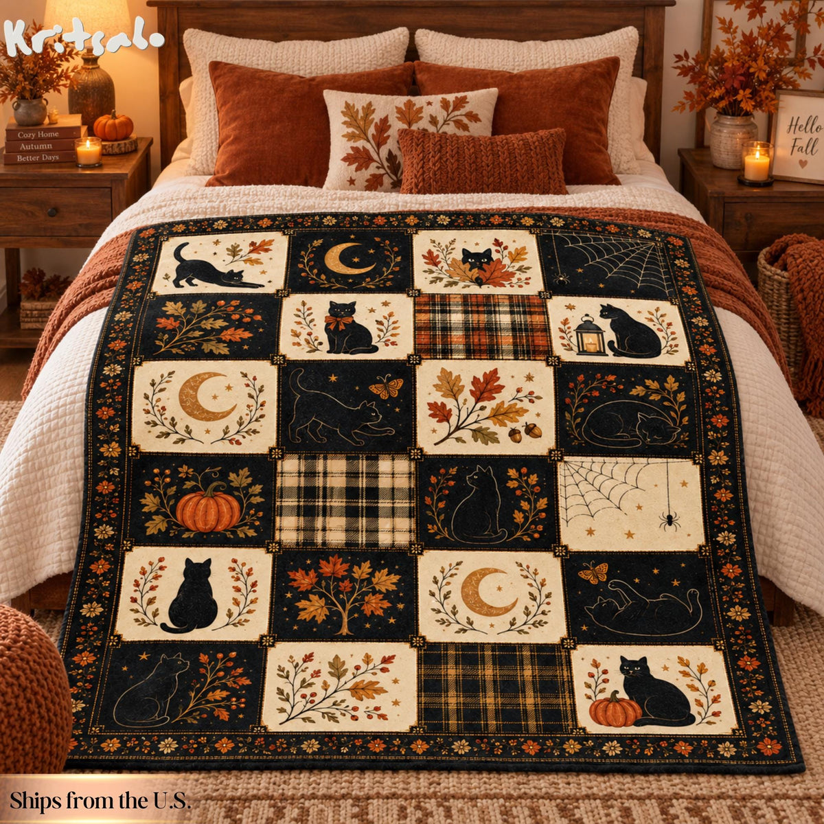 Black Cat Halloween Flannel Blanket, Vintage Fall Patchwork Throw, Pumpkin Moon Plaid Blanket, Spooky Autumn Decor, Cat Lover Halloween Gift