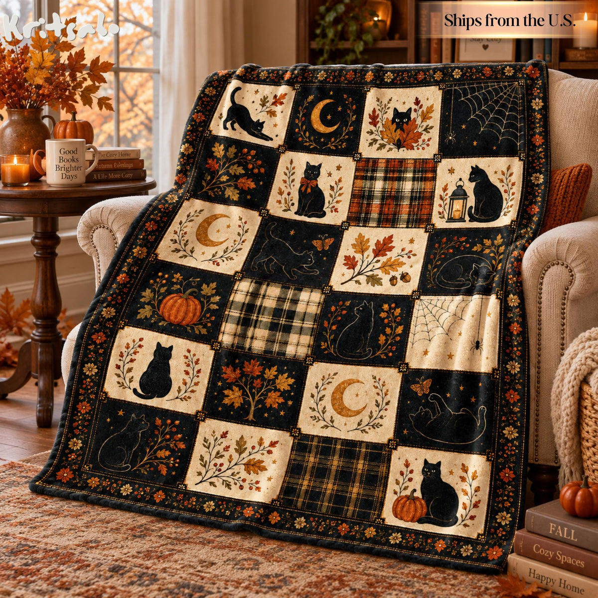 Black Cat Halloween Flannel Blanket, Vintage Fall Patchwork Throw, Pumpkin Moon Plaid Blanket, Spooky Autumn Decor, Cat Lover Halloween Gift