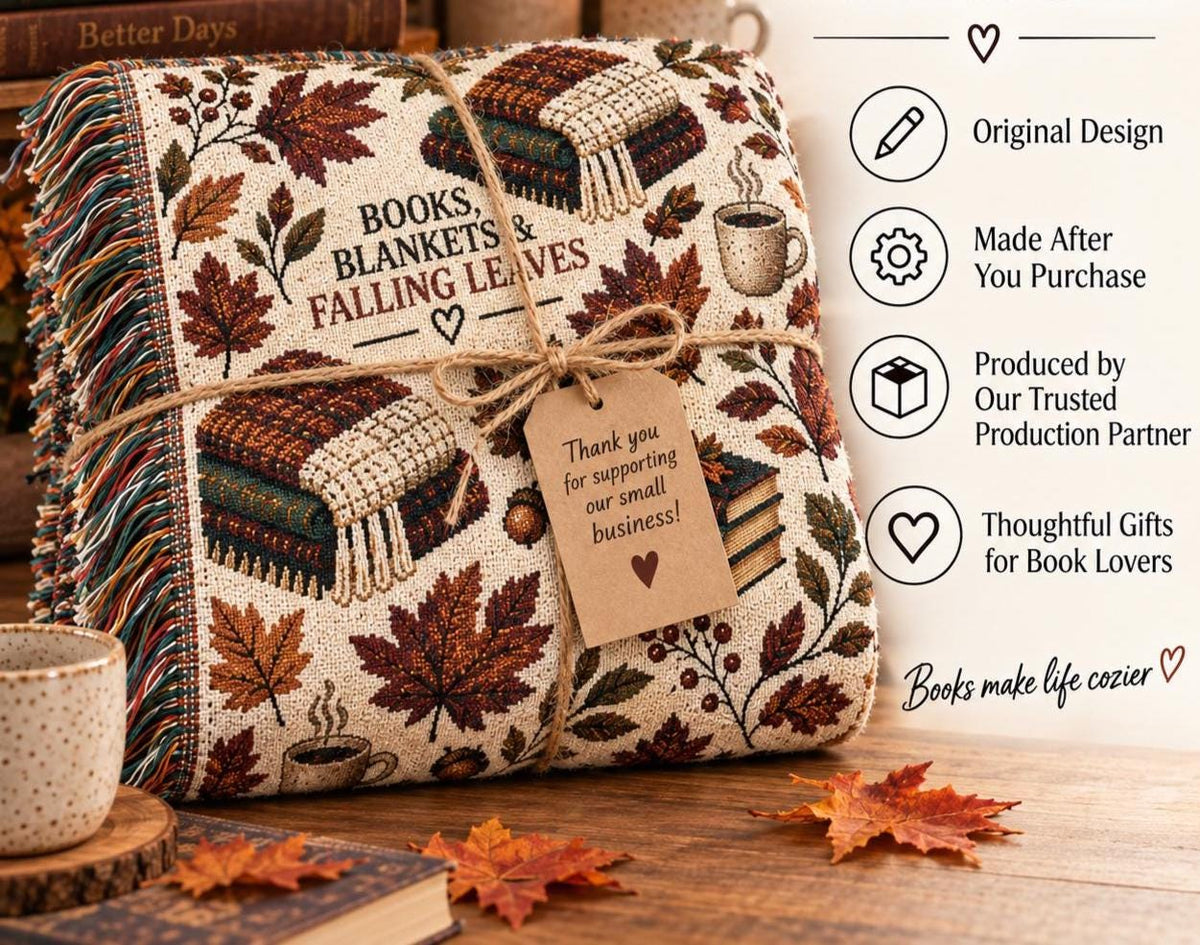 Book Lover Woven Blanket for Reading Nook Cozy Fall Decor Autumn Leaves Throw Gift for Reader