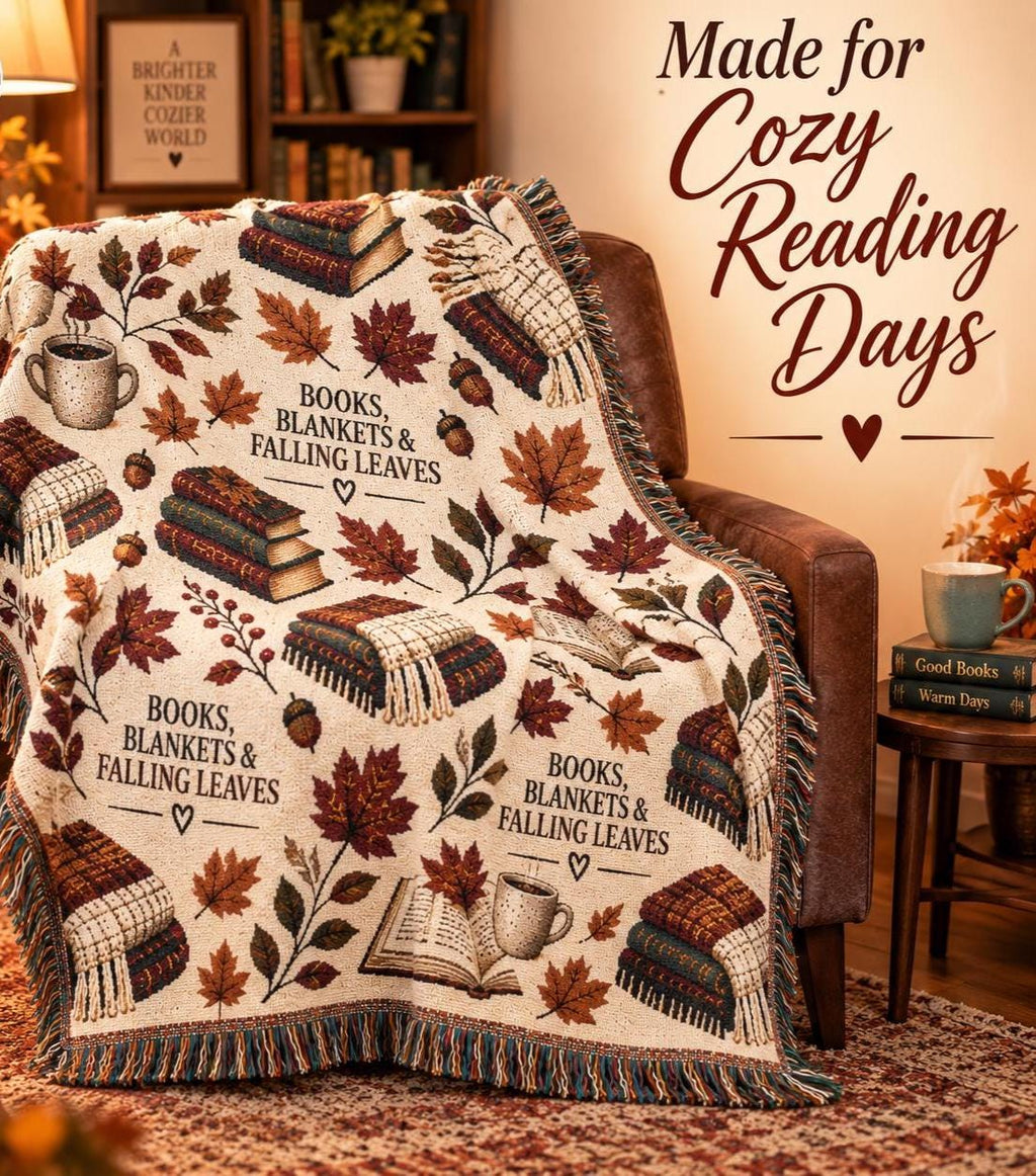 Book Lover Woven Blanket for Reading Nook Cozy Fall Decor Autumn Leaves Throw Gift for Reader