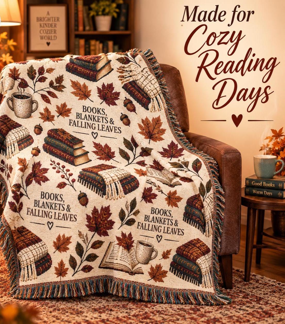 Book Lover Woven Blanket for Reading Nook Cozy Fall Decor Autumn Leaves Throw Gift for Reader