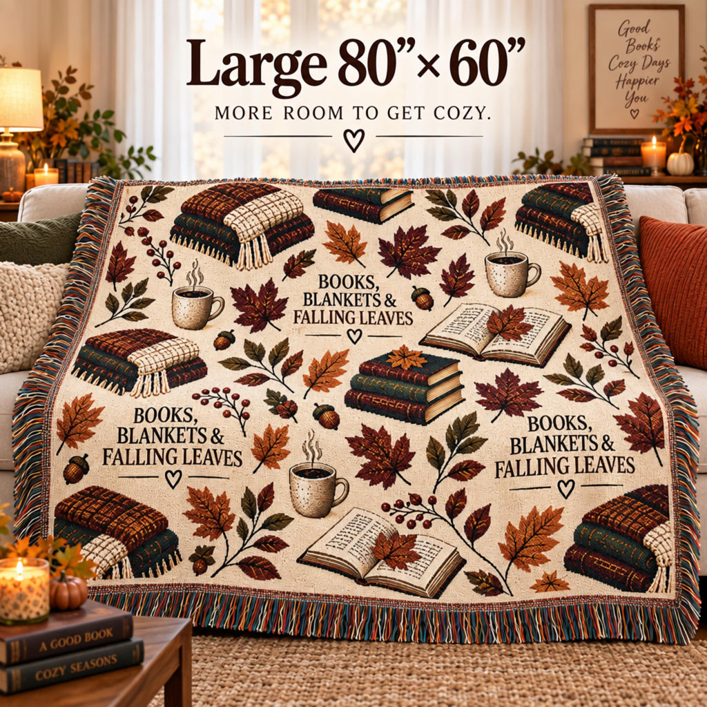 Book Lover Woven Blanket for Reading Nook Cozy Fall Decor Autumn Leaves Throw Gift for Reader