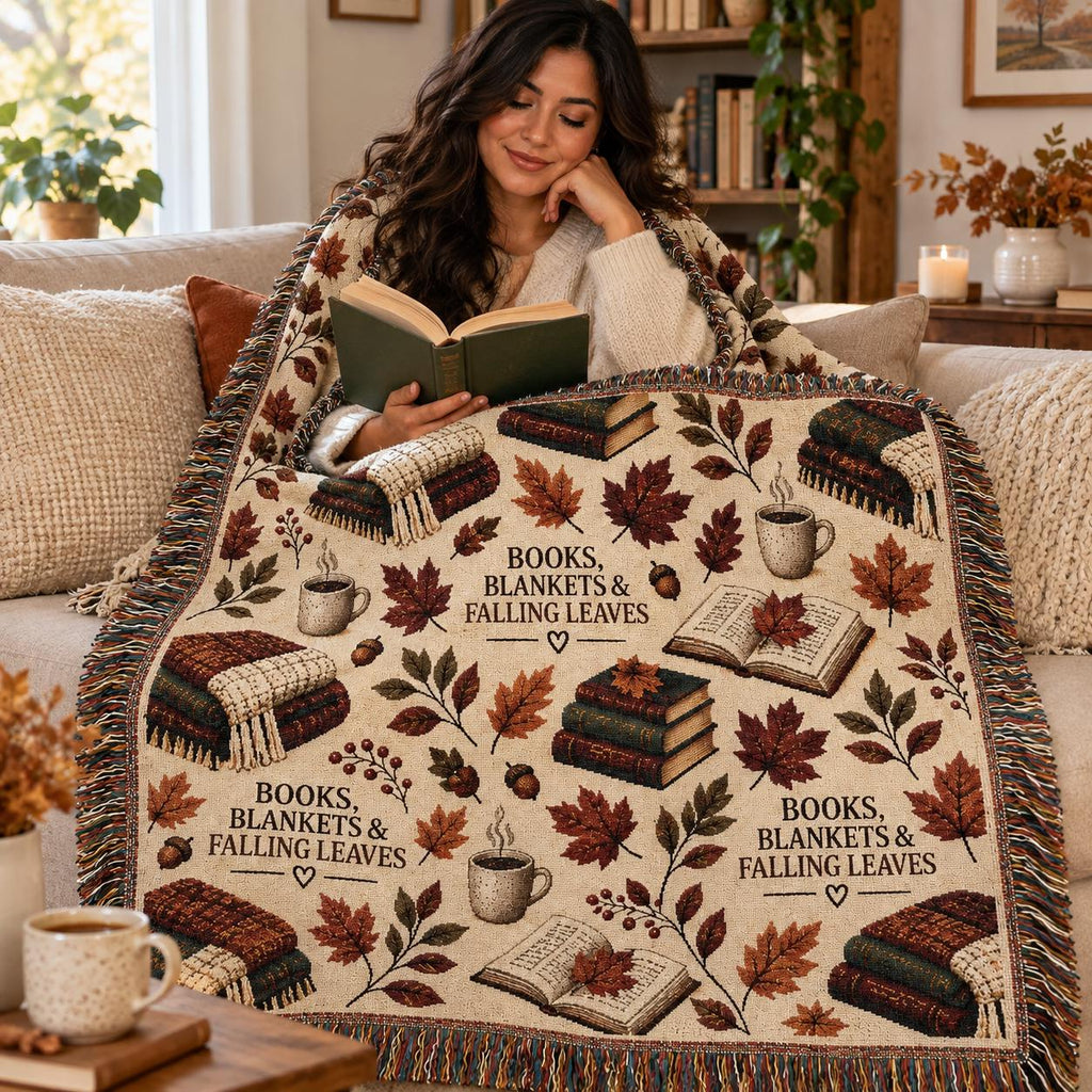 Book Lover Woven Blanket for Reading Nook Cozy Fall Decor Autumn Leaves Throw Gift for Reader