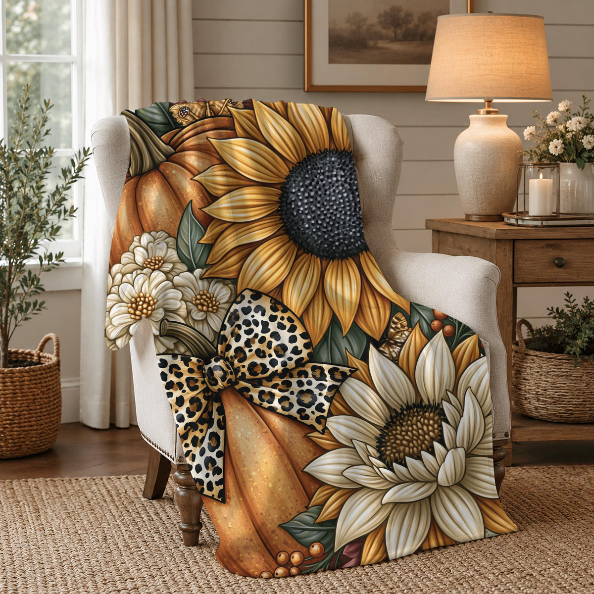 Fall Pumpkins Autumn Flowers Sherpa Blanket Cozy Home Decor, Autumn Decor Throw Blanket Farmhouse Gift
