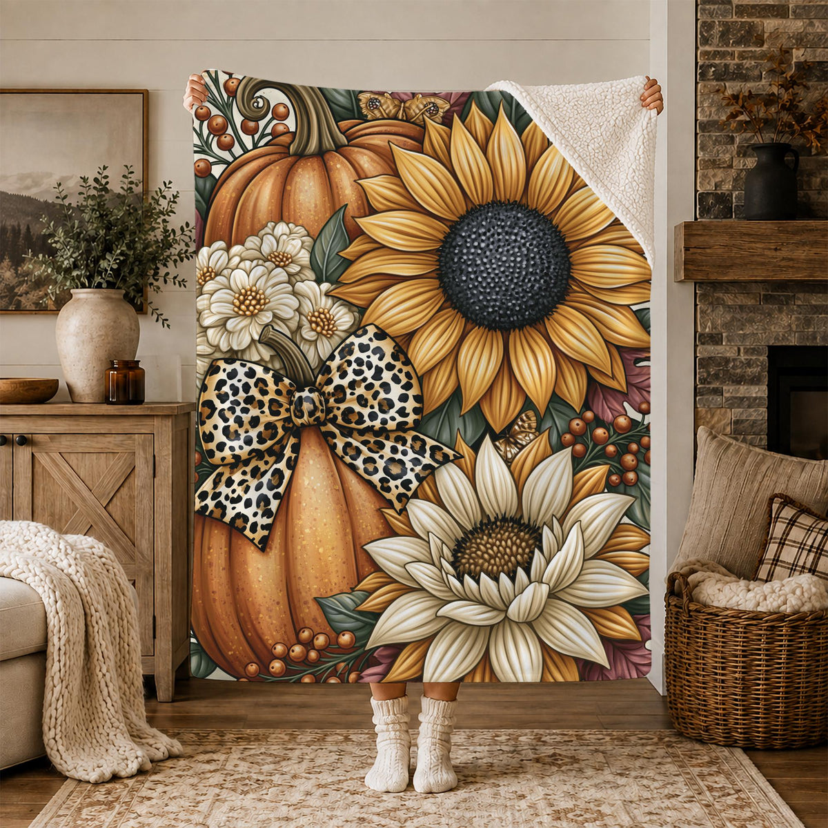 Fall Pumpkins Autumn Flowers Sherpa Blanket Cozy Home Decor, Autumn Decor Throw Blanket Farmhouse Gift