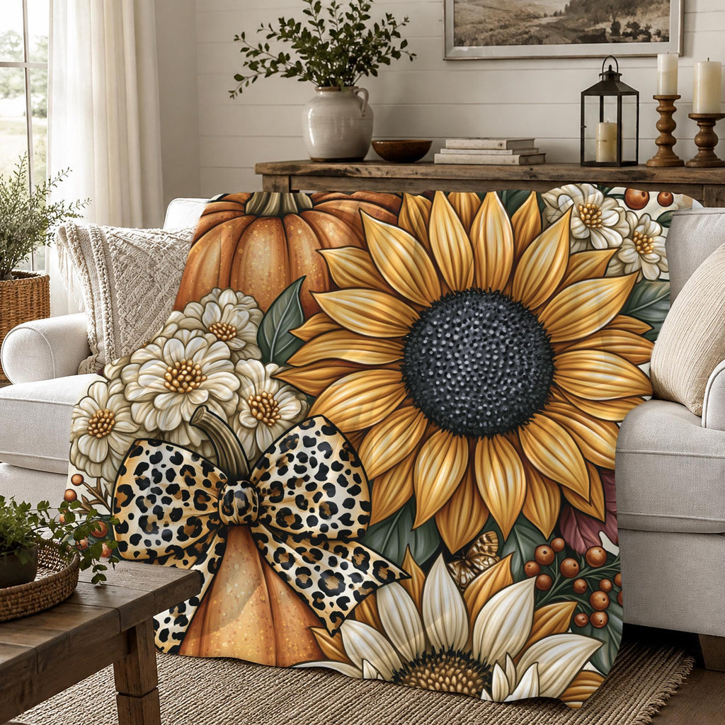 Fall Pumpkins Autumn Flowers Sherpa Blanket Cozy Home Decor, Autumn Decor Throw Blanket Farmhouse Gift