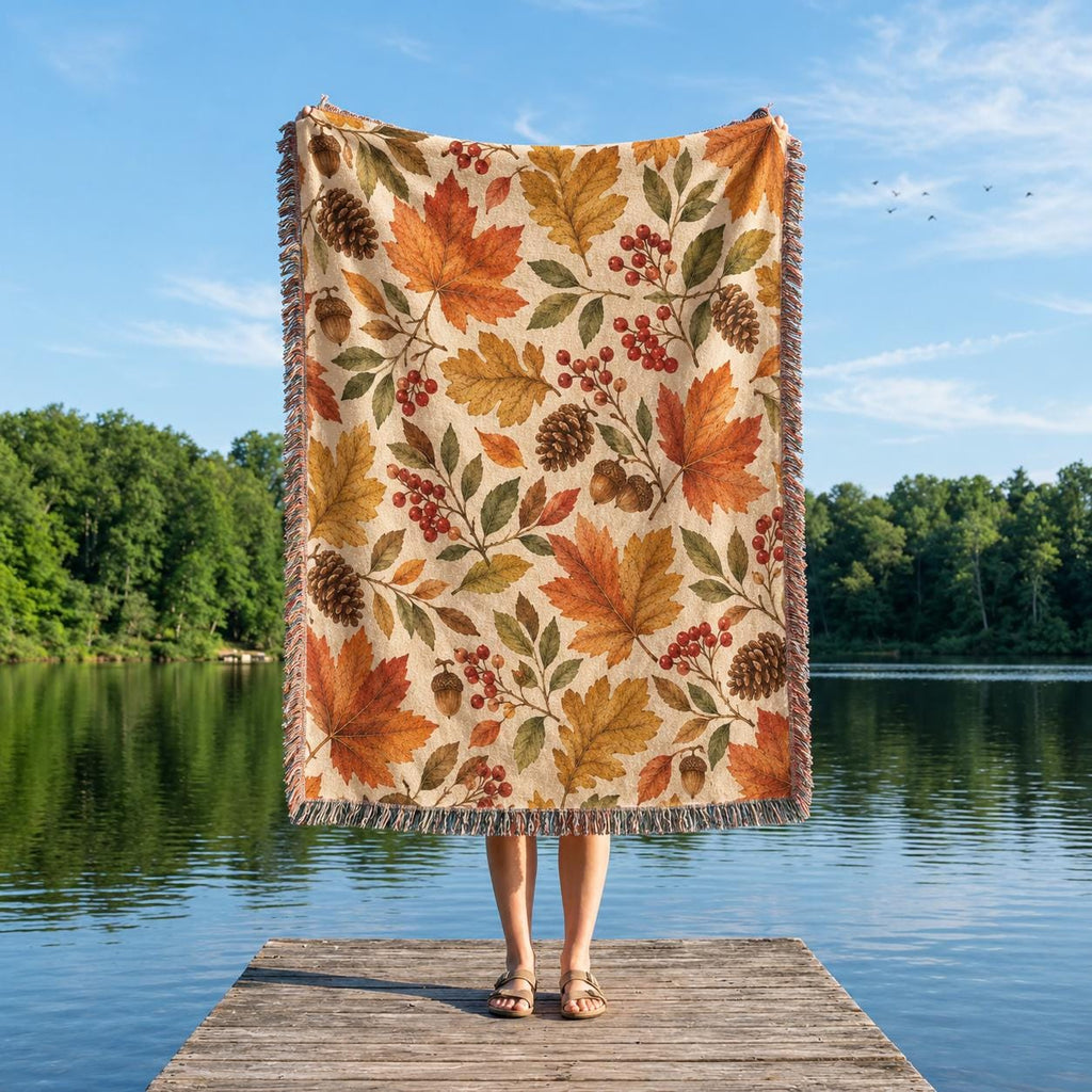 Autumn Woven Blanket, Fall Leaves Throw, Cozy Rustic Home Decor, Thanksgiving Decor, Nature Lover Gift