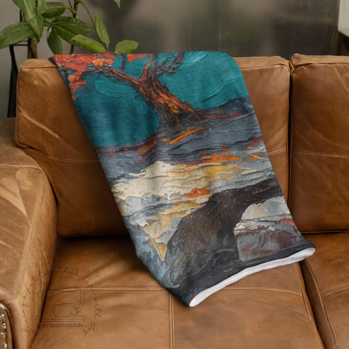 Stylized Tree Plush Blanket | Impressionist Blue Orange Fall Throw | Bold Autumn Velveteen Statement Bedding | Printed Cozy Home Decor