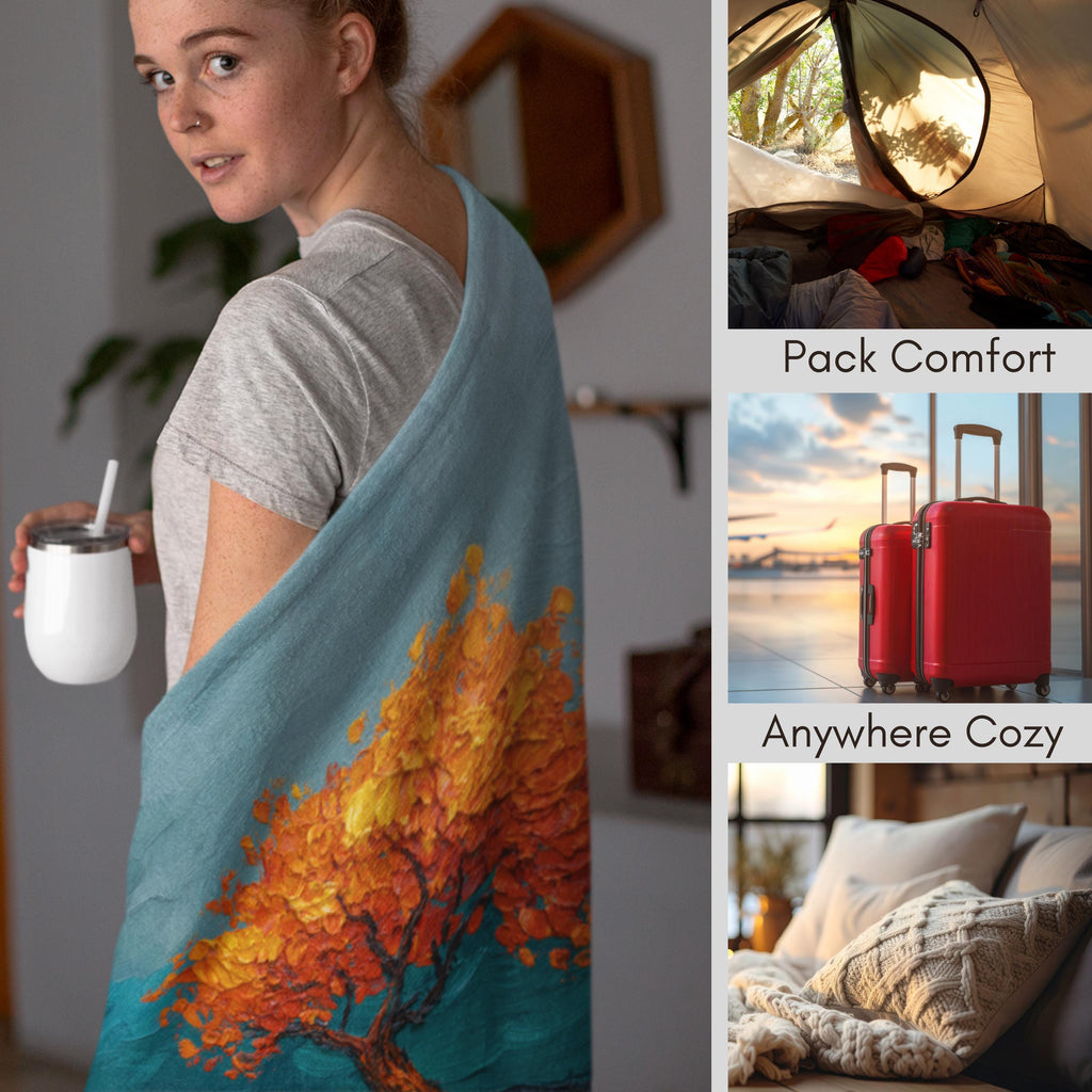 Stylized Tree Plush Blanket | Impressionist Blue Orange Fall Throw | Bold Autumn Velveteen Statement Bedding | Printed Cozy Home Decor