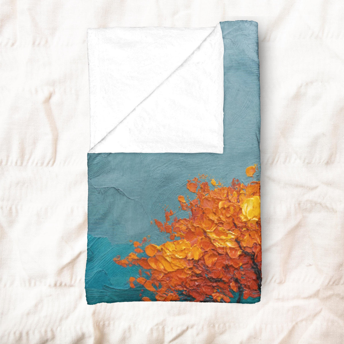 Stylized Tree Plush Blanket | Impressionist Blue Orange Fall Throw | Bold Autumn Velveteen Statement Bedding | Printed Cozy Home Decor