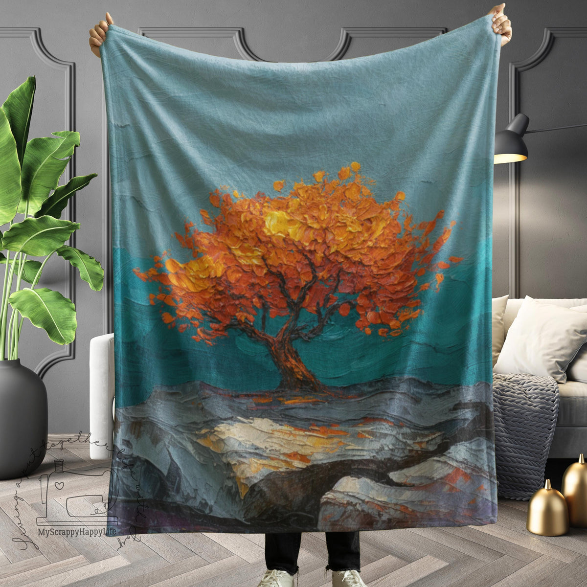 Stylized Tree Plush Blanket | Impressionist Blue Orange Fall Throw | Bold Autumn Velveteen Statement Bedding | Printed Cozy Home Decor