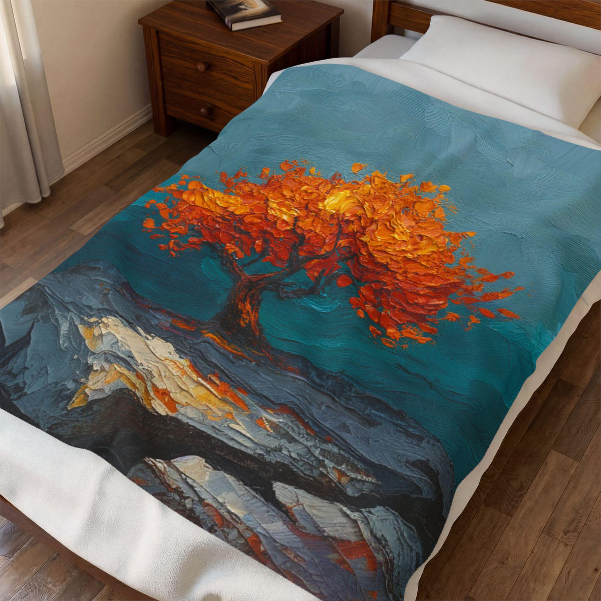 Stylized Tree Plush Blanket | Impressionist Blue Orange Fall Throw | Bold Autumn Velveteen Statement Bedding | Printed Cozy Home Decor