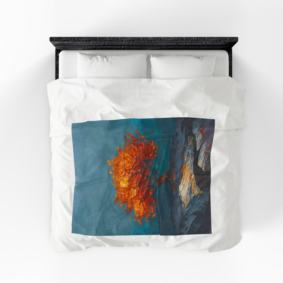 Stylized Tree Plush Blanket | Impressionist Blue Orange Fall Throw | Bold Autumn Velveteen Statement Bedding | Printed Cozy Home Decor
