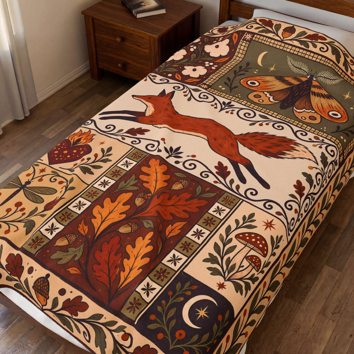 Woodland Folk Art Woven Blanket, Fox Moth and Acorn Tapestry Throw, Autumn Cottagecore Fringe Blanket for Couch, Gift for Fall Decor Lovers
