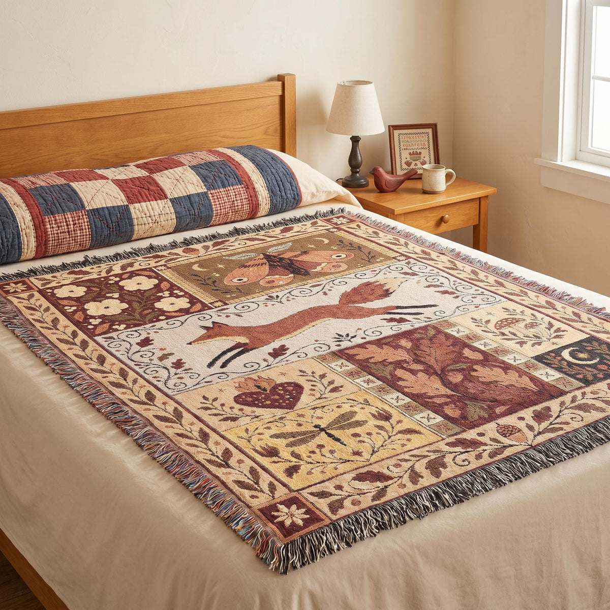 Woodland Folk Art Woven Blanket, Fox Moth and Acorn Tapestry Throw, Autumn Cottagecore Fringe Blanket for Couch, Gift for Fall Decor Lovers
