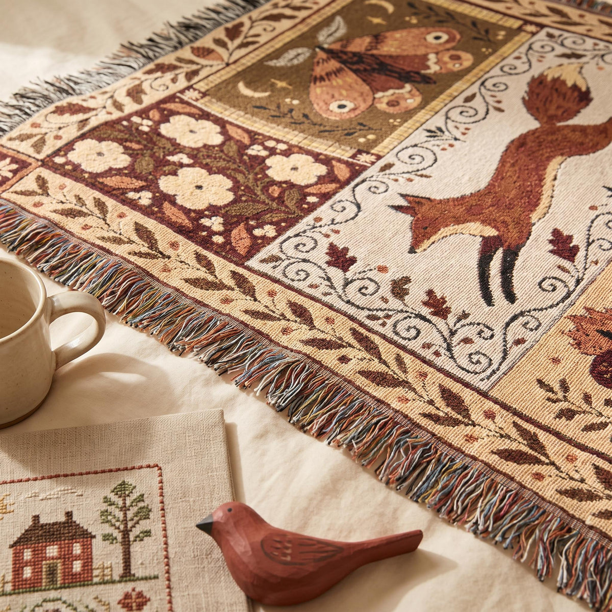 Woodland Folk Art Woven Blanket, Fox Moth and Acorn Tapestry Throw, Autumn Cottagecore Fringe Blanket for Couch, Gift for Fall Decor Lovers