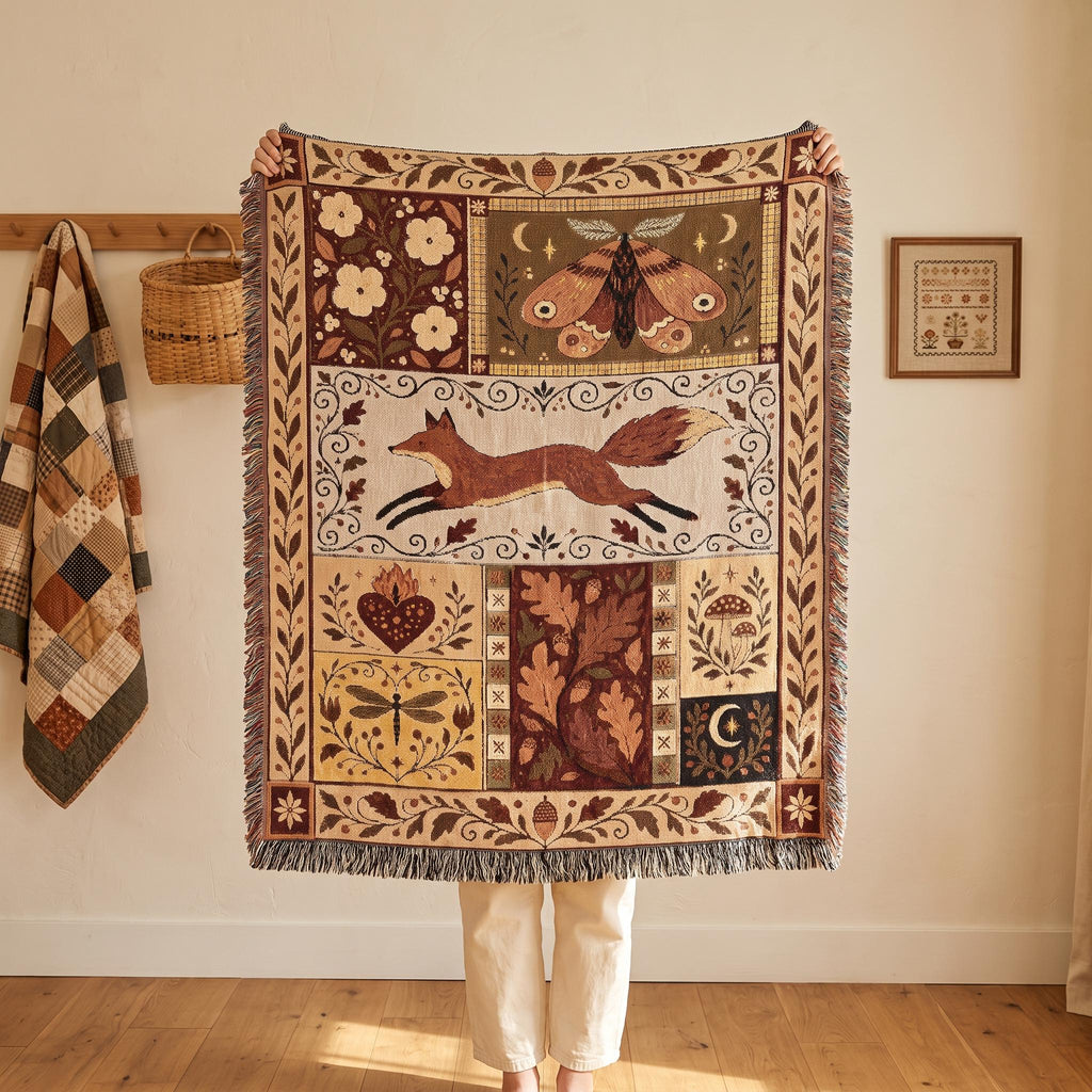 Woodland Folk Art Woven Blanket, Fox Moth and Acorn Tapestry Throw, Autumn Cottagecore Fringe Blanket for Couch, Gift for Fall Decor Lovers