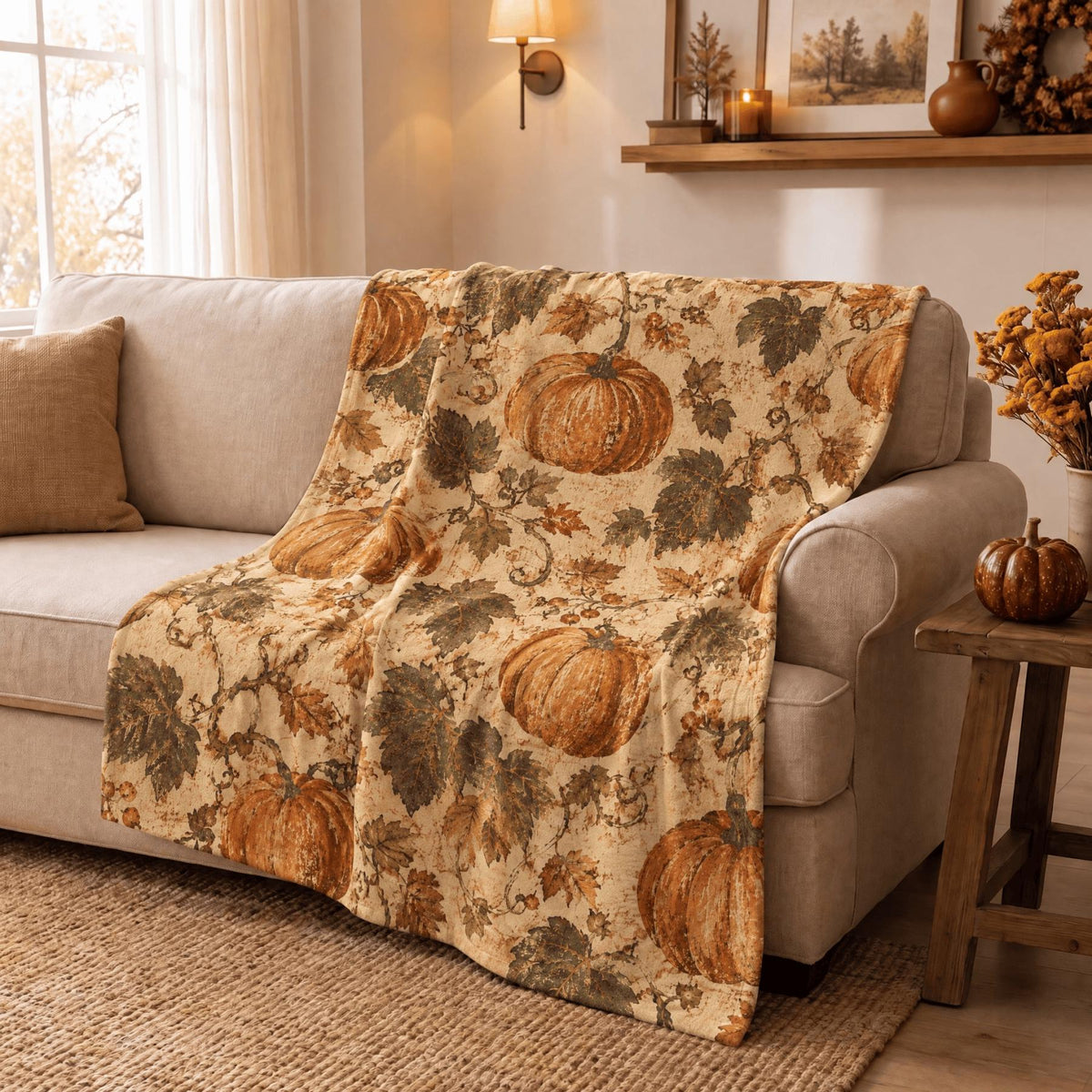 Retro Fall Blanket Pumpkin Orange Leaves Flannel Throw 50x60