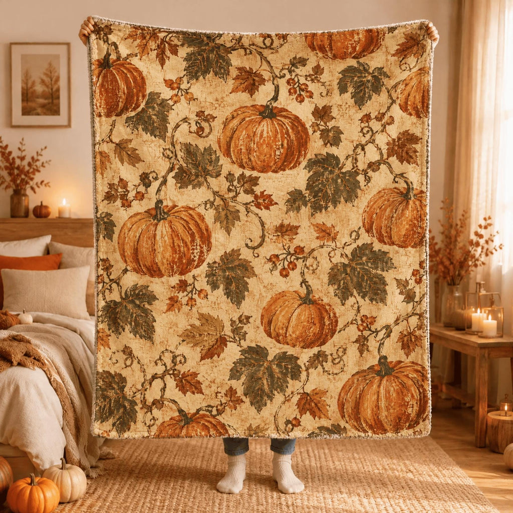 Retro Fall Blanket Pumpkin Orange Leaves Flannel Throw 50x60