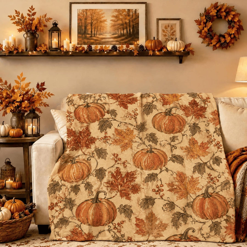Retro Fall Blanket Pumpkin Orange Leaves Flannel Throw 50x60