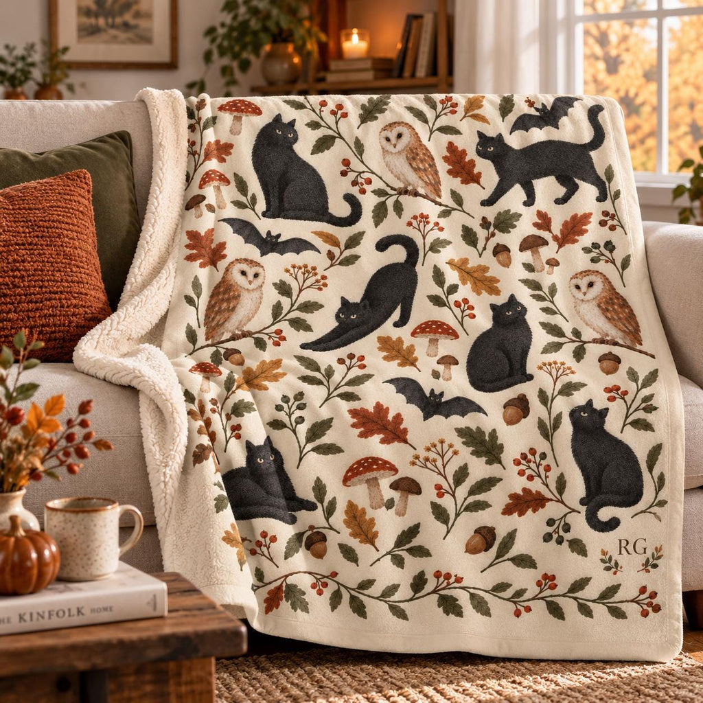 Personalized Halloween Blanket, Black Cat Owl Autumn Woodland Sherpa Throw, Monogram Fall Blanket