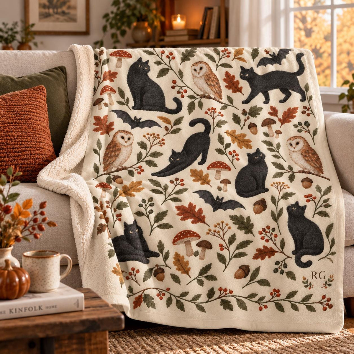 Personalized Halloween Blanket, Black Cat Owl Autumn Woodland Sherpa Throw, Monogram Fall Blanket