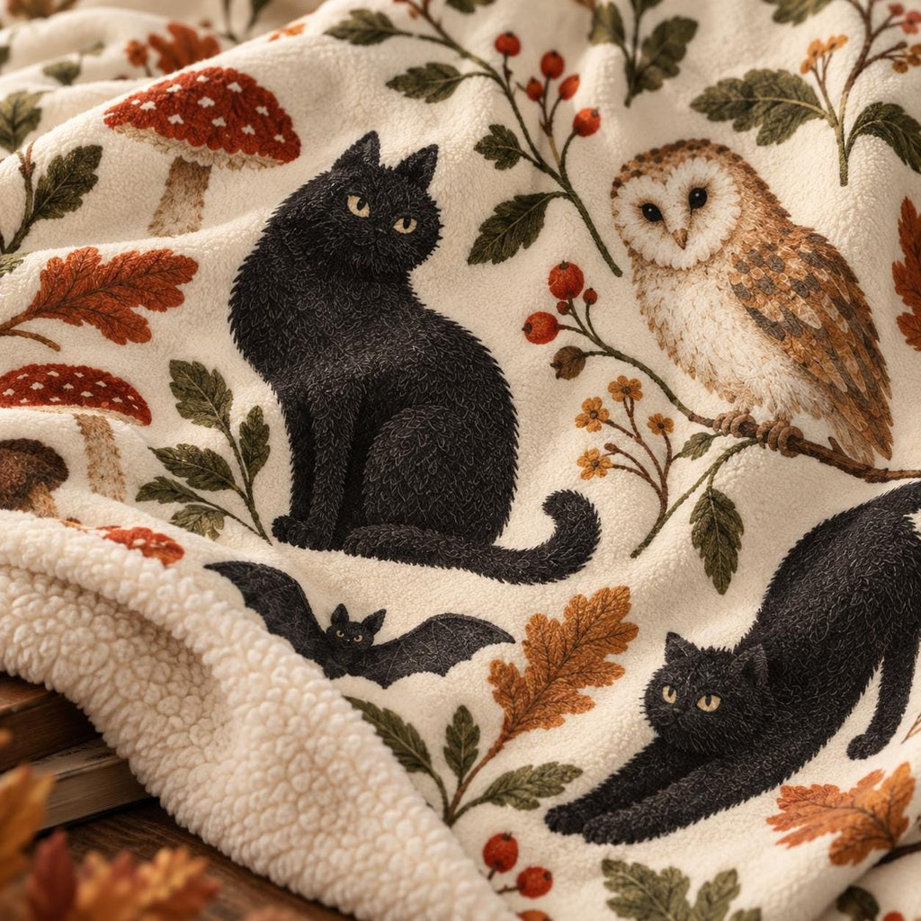 Personalized Halloween Blanket, Black Cat Owl Autumn Woodland Sherpa Throw, Monogram Fall Blanket