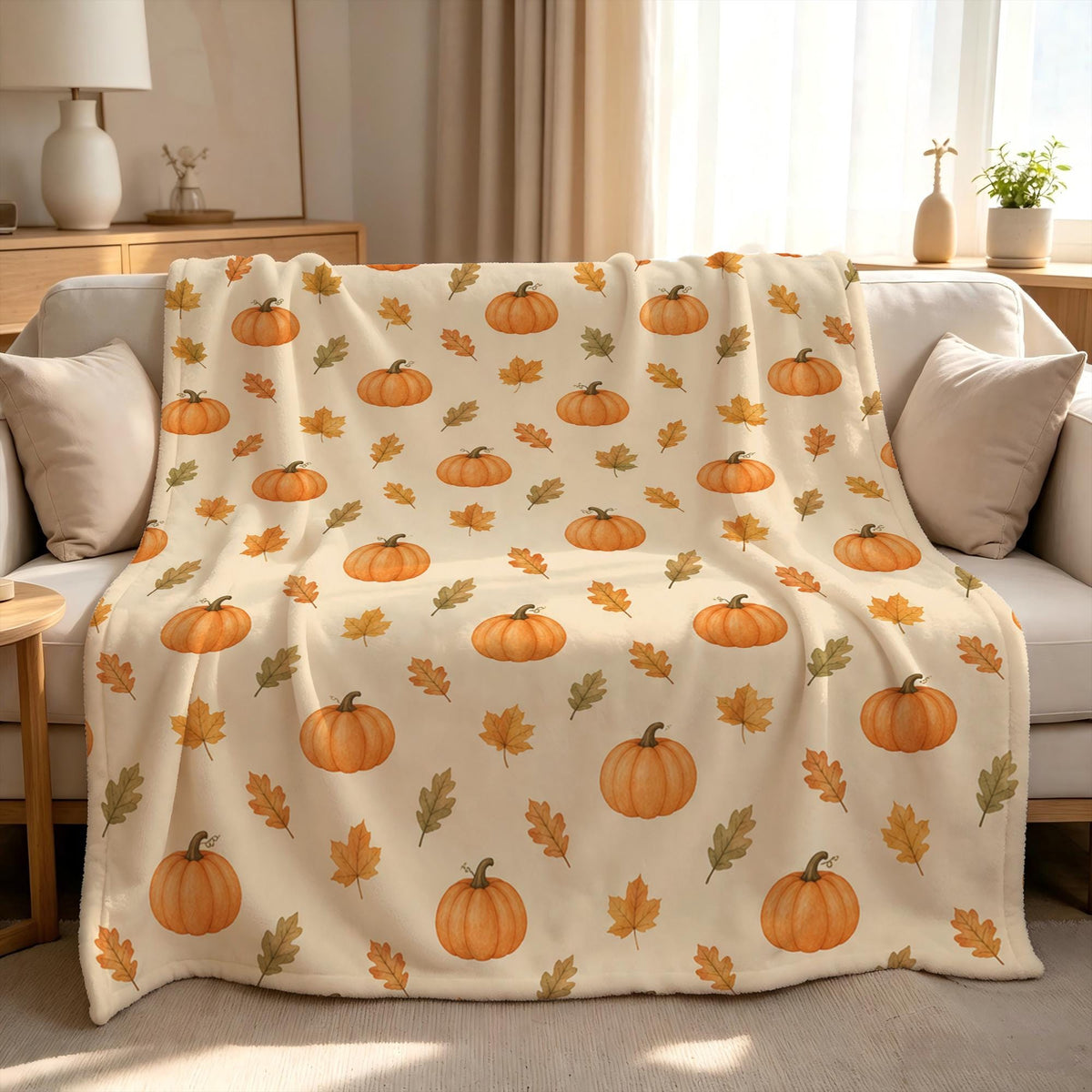 Autumn Pumpkin Throw Blanket, Watercolor Fall Leaves Pattern, Cozy Harvest Season Fleece Blanket, Thanksgiving Home Decor Gift