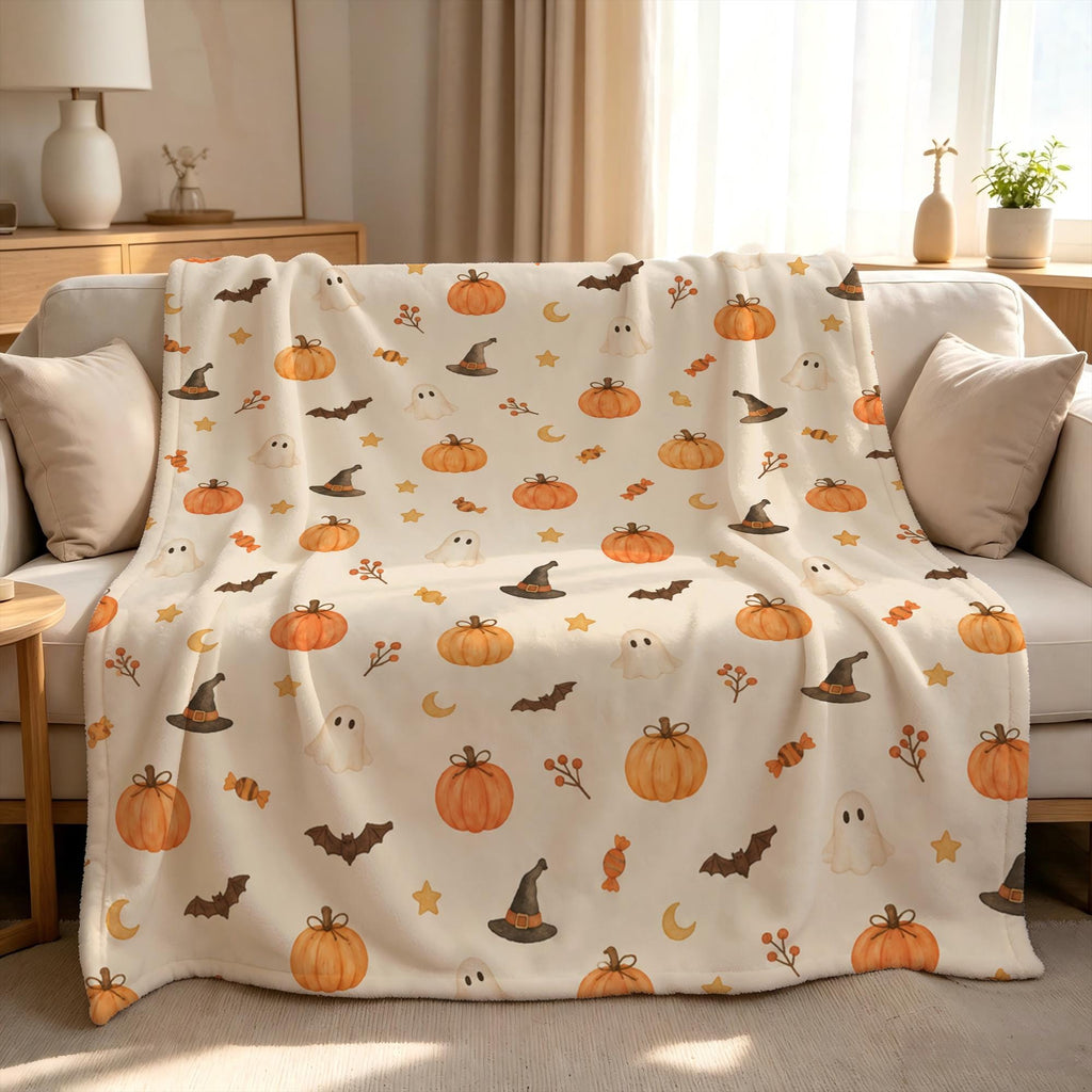 Autumn Pumpkin Throw Blanket, Watercolor Fall Leaves Pattern, Cozy Harvest Season Fleece Blanket, Thanksgiving Home Decor Gift