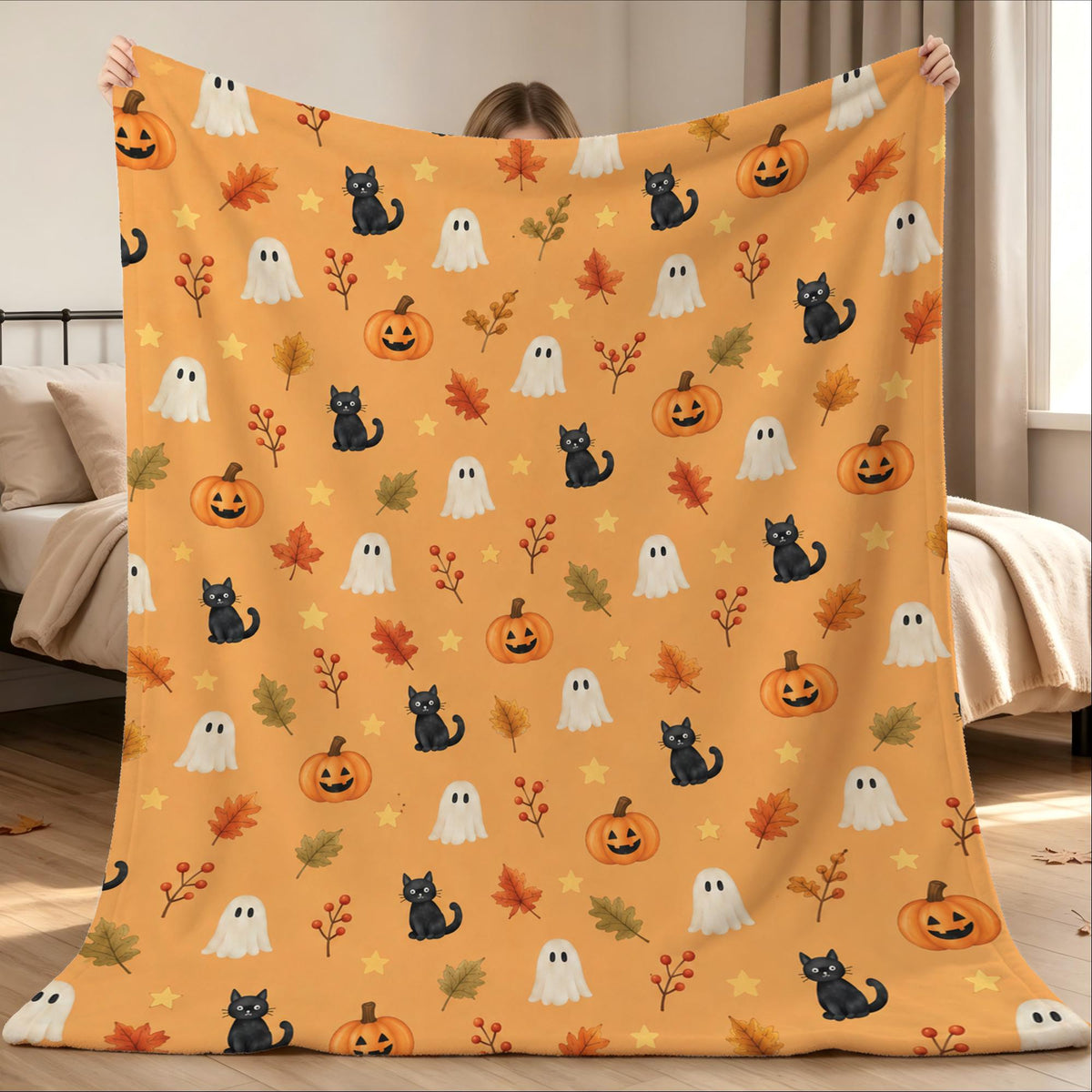 Autumn Pumpkin Throw Blanket, Watercolor Fall Leaves Pattern, Cozy Harvest Season Fleece Blanket, Thanksgiving Home Decor Gift
