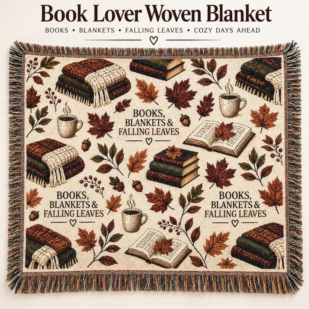 Book Lover Woven Blanket for Reading Nook Cozy Fall Decor Autumn Leaves Throw Gift for Reader