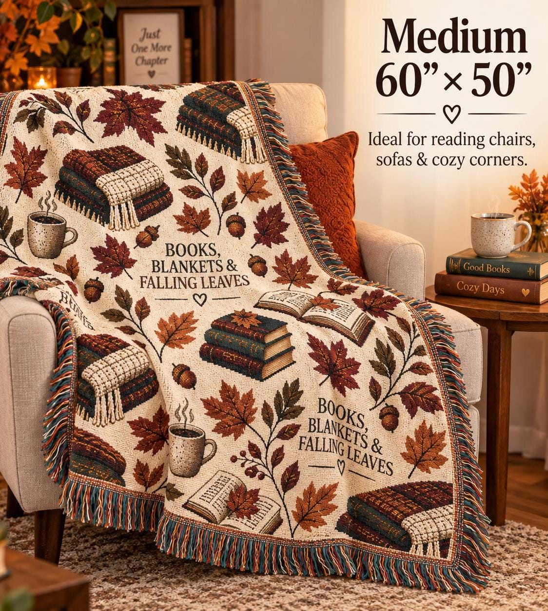 Book Lover Woven Blanket for Reading Nook Cozy Fall Decor Autumn Leaves Throw Gift for Reader