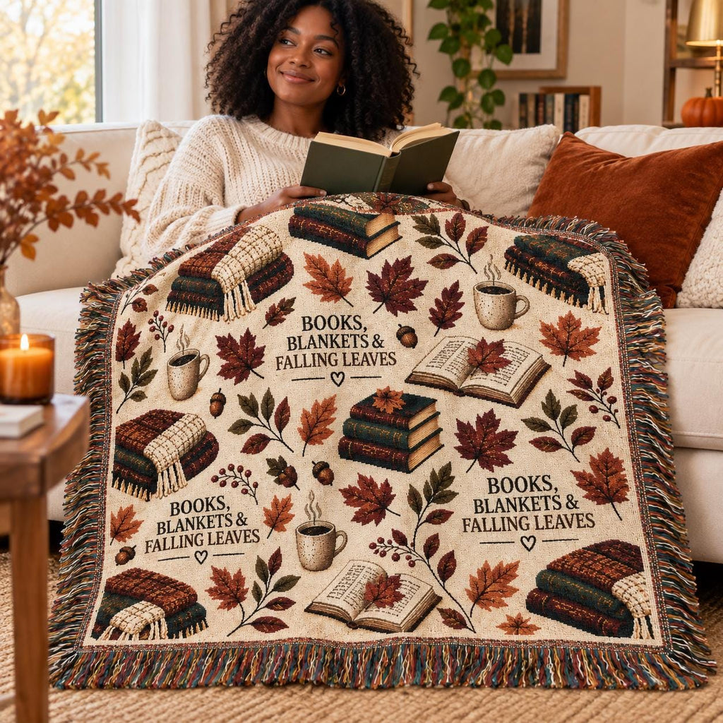 Book Lover Woven Blanket for Reading Nook Cozy Fall Decor Autumn Leaves Throw Gift for Reader