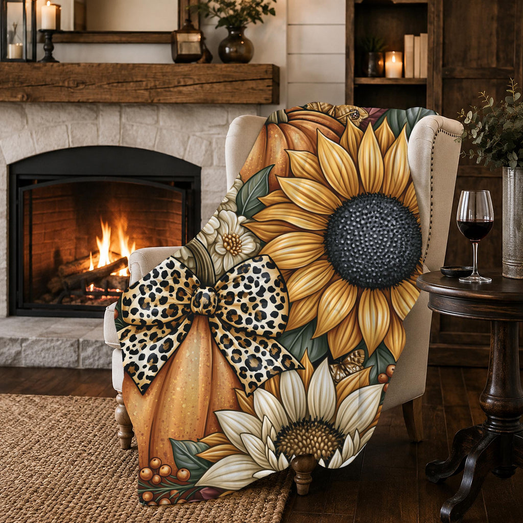 Fall Pumpkins Autumn Flowers Sherpa Blanket Cozy Home Decor, Autumn Decor Throw Blanket Farmhouse Gift