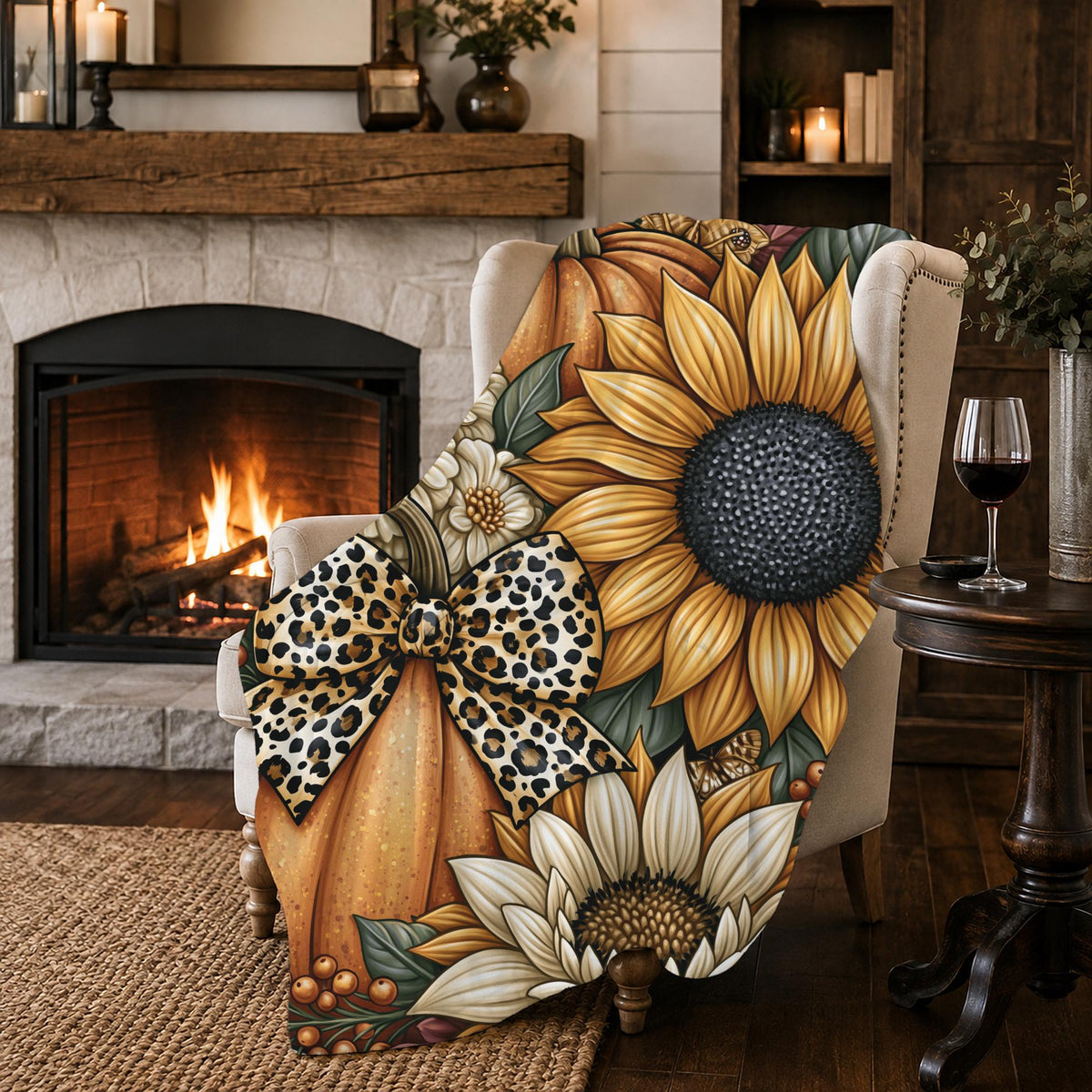 Fall Pumpkins Autumn Flowers Sherpa Blanket Cozy Home Decor, Autumn Decor Throw Blanket Farmhouse Gift