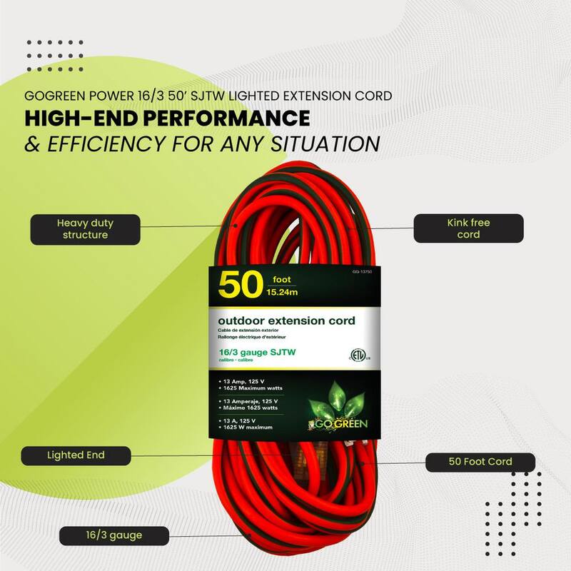 50 ft. 16/3 SJTW Outdoor Extension Cord - Orange with Lighted Green Ends