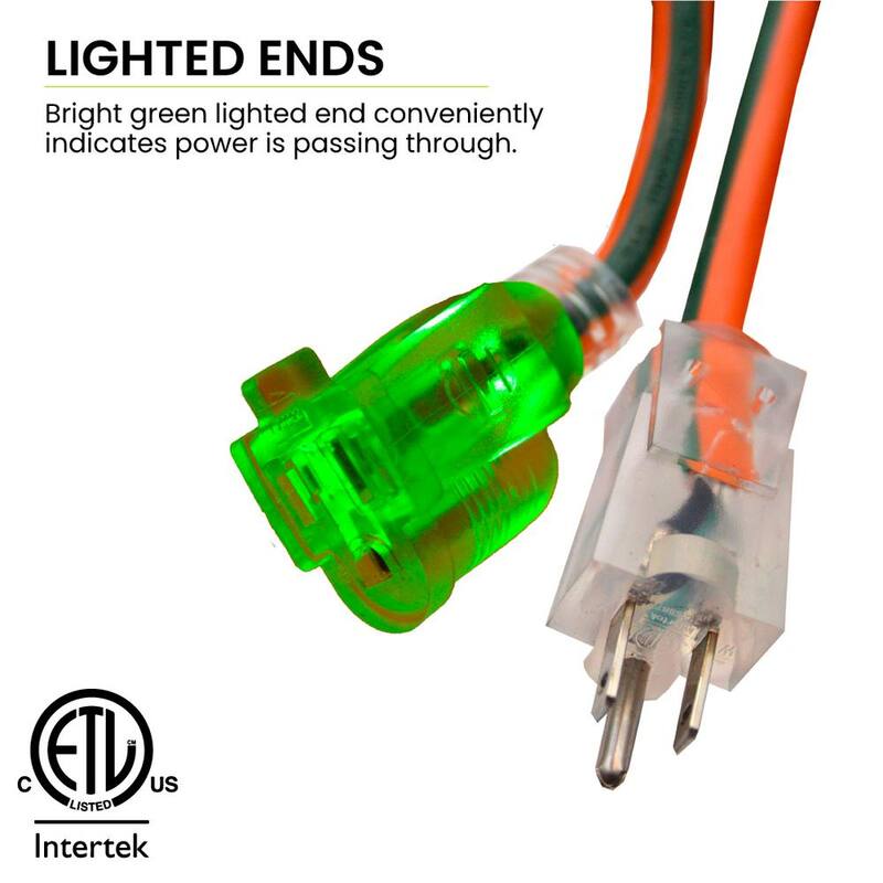 50 ft. 16/3 SJTW Outdoor Extension Cord - Orange with Lighted Green Ends
