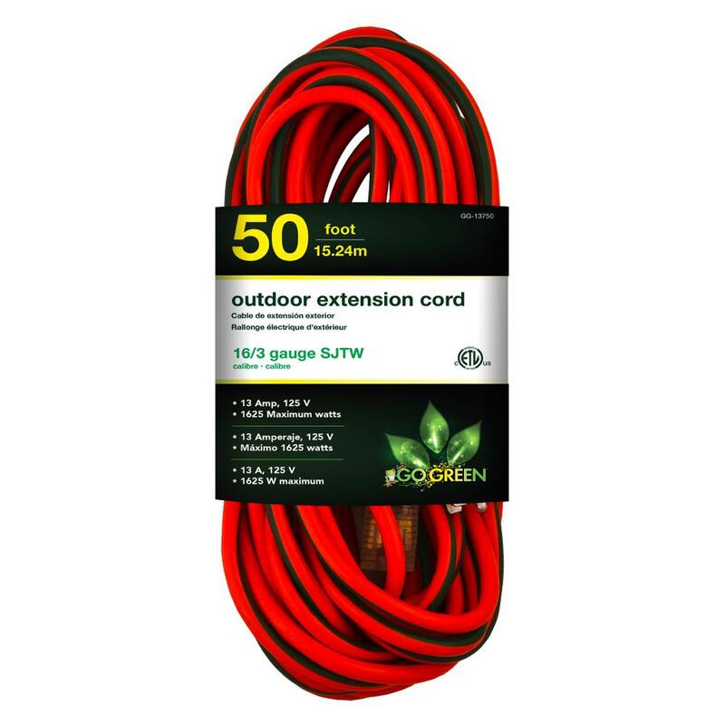 50 ft. 16/3 SJTW Outdoor Extension Cord - Orange with Lighted Green Ends