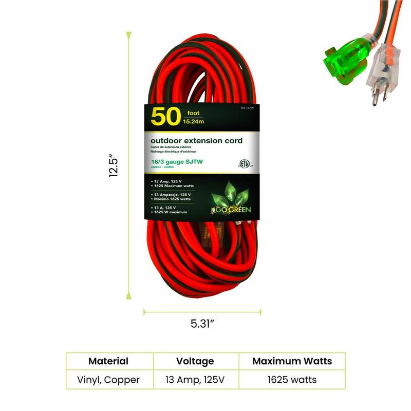 50 ft. 16/3 SJTW Outdoor Extension Cord - Orange with Lighted Green Ends