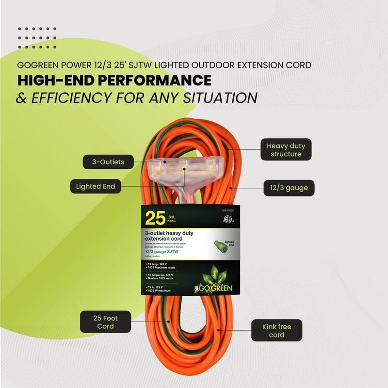 25 ft. 3-Outlet 12/3 Heavy Duty Extension Cord - Orange