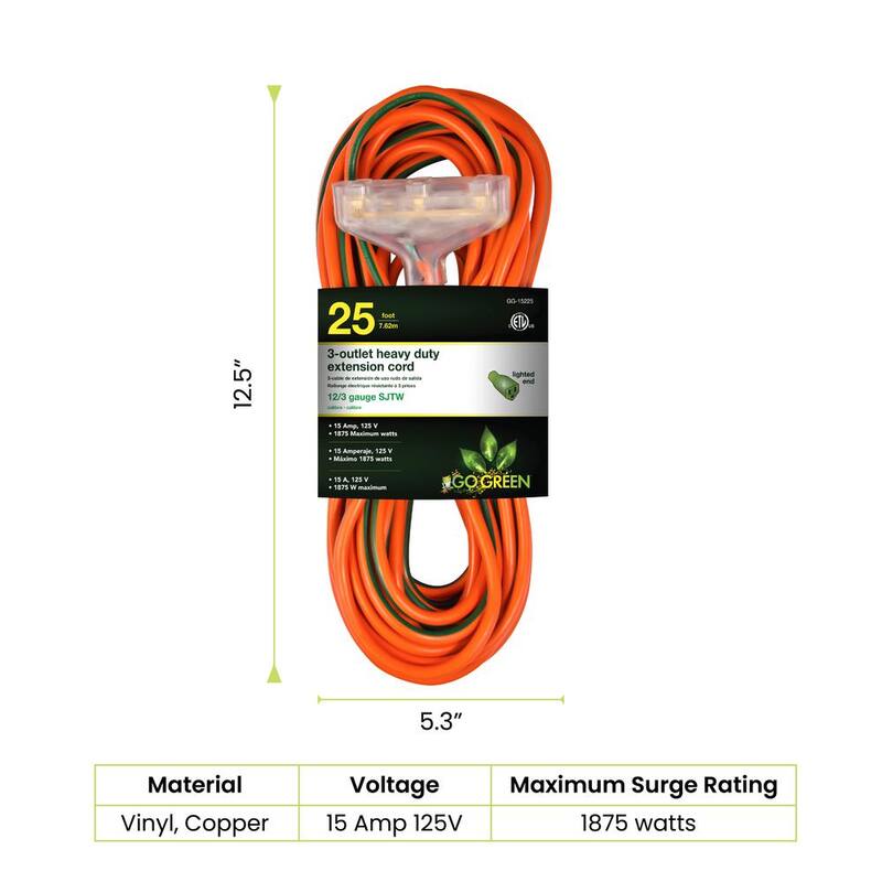 25 ft. 3-Outlet 12/3 Heavy Duty Extension Cord - Orange