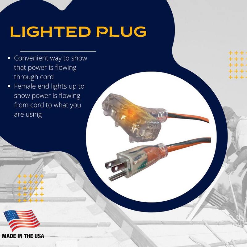 100 ft. 12/3 Heavy Duty Indoor/Outdoor Extension Cord with Tritap Lighted End, Orange/Grey