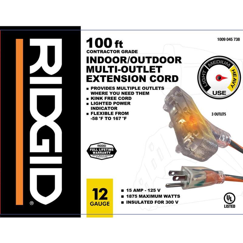 100 ft. 12/3 Heavy Duty Indoor/Outdoor Extension Cord with Tritap Lighted End, Orange/Grey