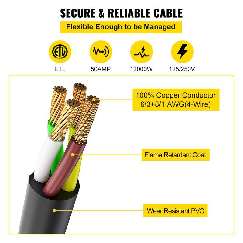 12,000-Watt Black Cable 10 ft. Generator Power Cord 50 Amp 250-Volt ETL Listed Extension Cord