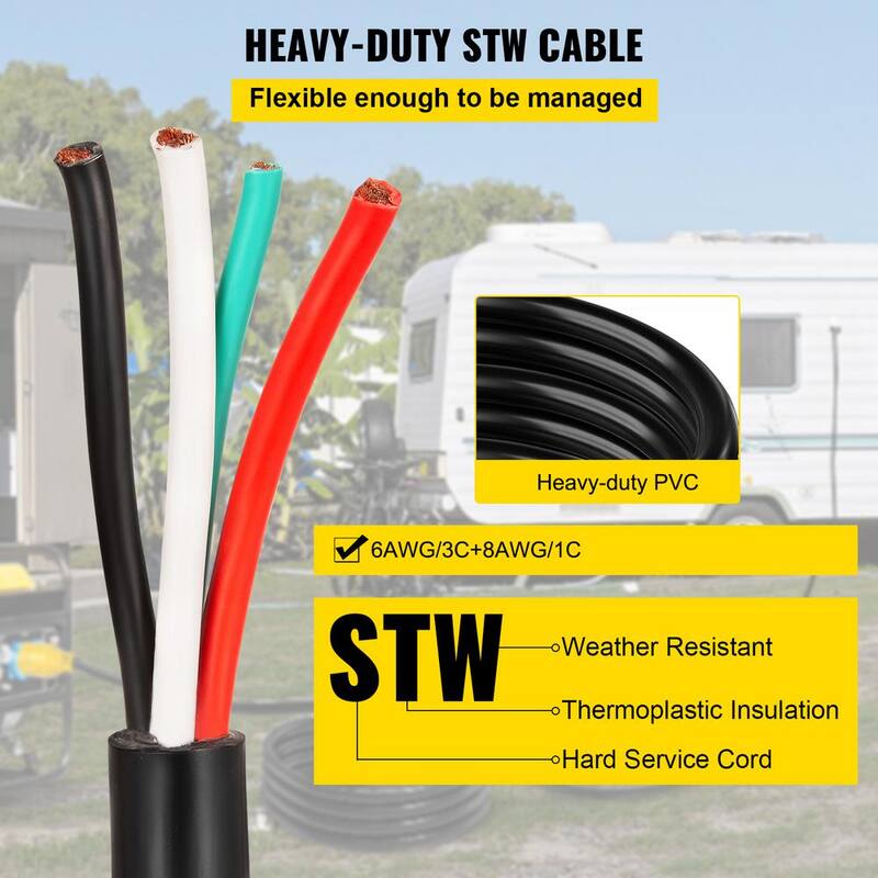 30 ft. 6/3 plus 8/1 Extension Cord Indoor/Outdoor Generator Power Cord STW 50 Amp NEMA 14-50P No-pin Type